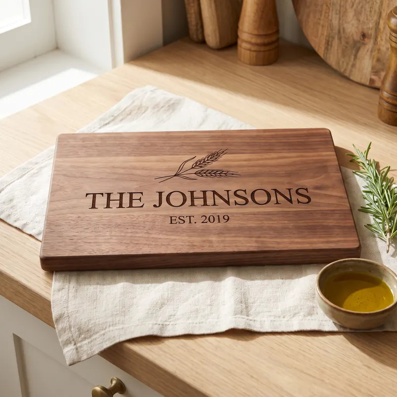 A walnut cutting board engraved The Johnsons