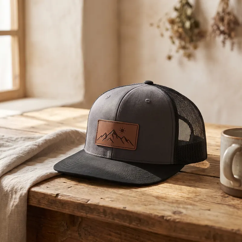 A trucker hat with an engraved leather mountain patch