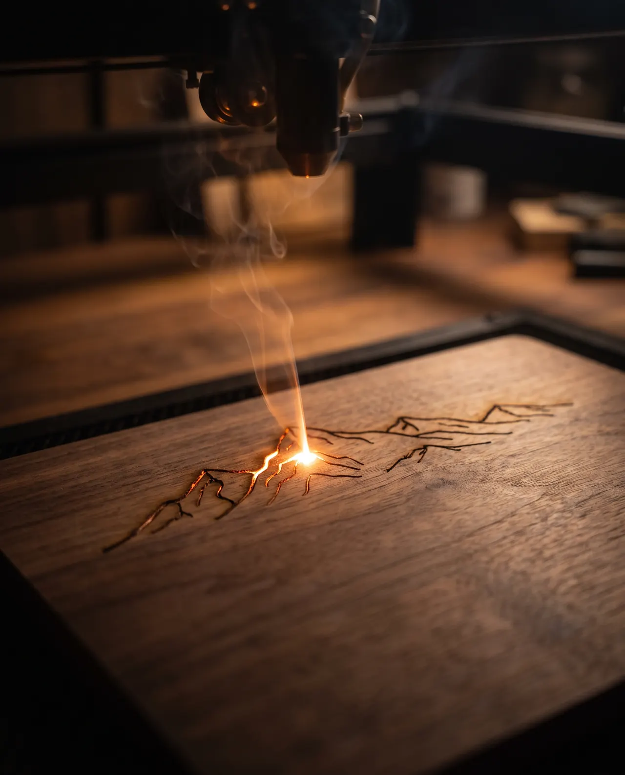 A laser point engraving a mountain design into a walnut board