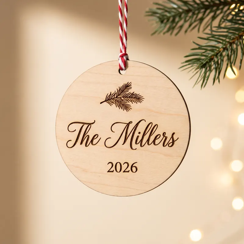 A round basswood ornament engraved The Millers 2026