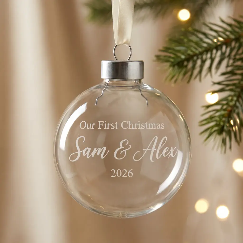 Clear glass ball ornament frosted with Our First Christmas, Sam & Alex, 2026