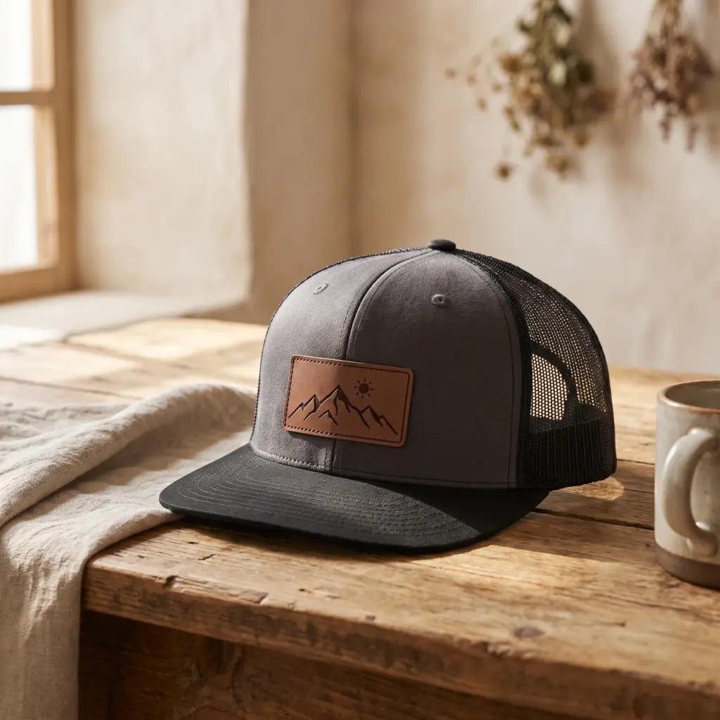 Charcoal trucker hat with an engraved leather mountain patch
