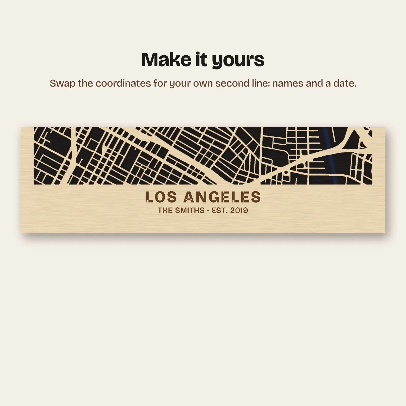 Los Angeles map title band engraved with a personal second line: The Smiths, est. 2019