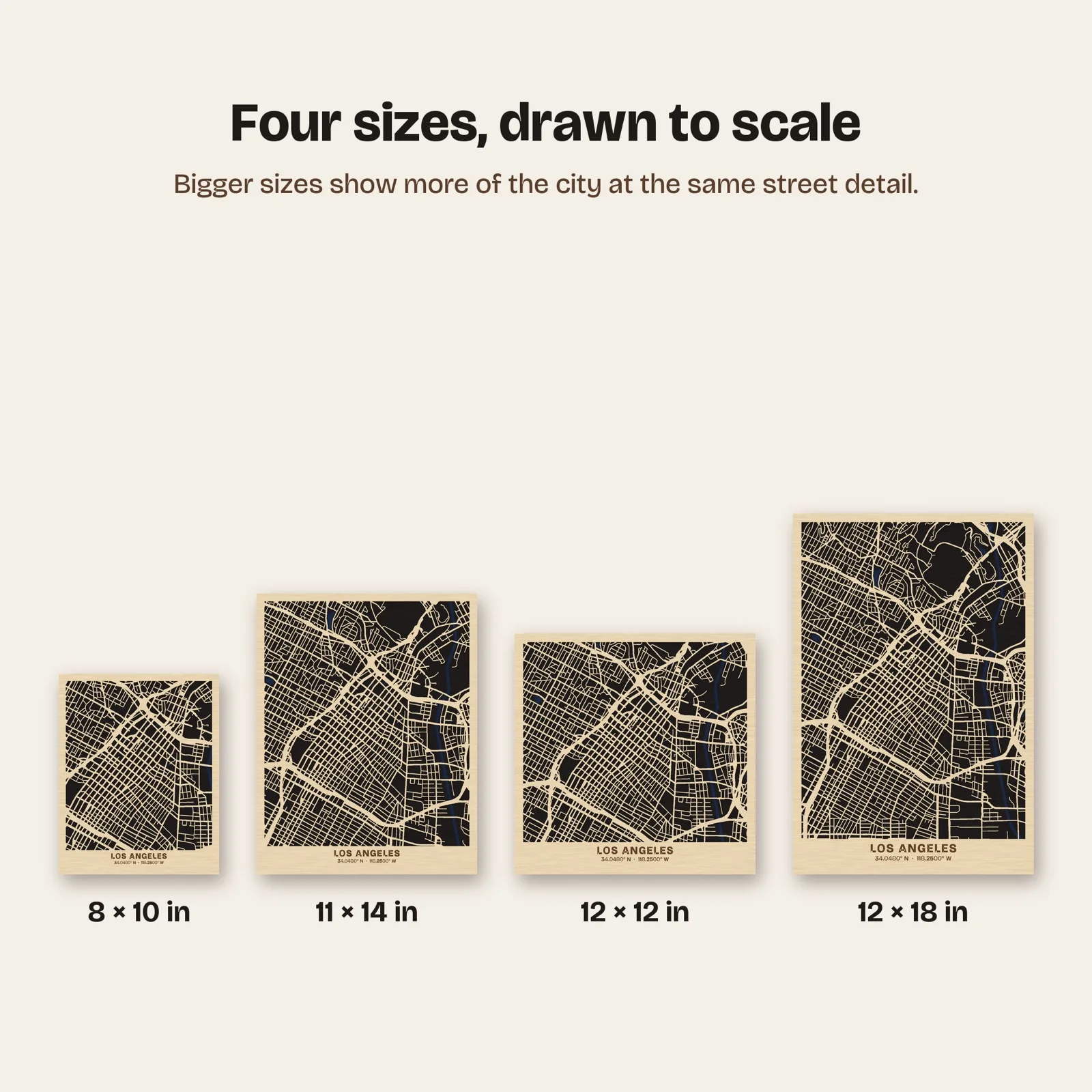 The Los Angeles wood map in its four sizes, drawn to scale: 8 x 10, 11 x 14, 12 x 12 and 12 x 18 in