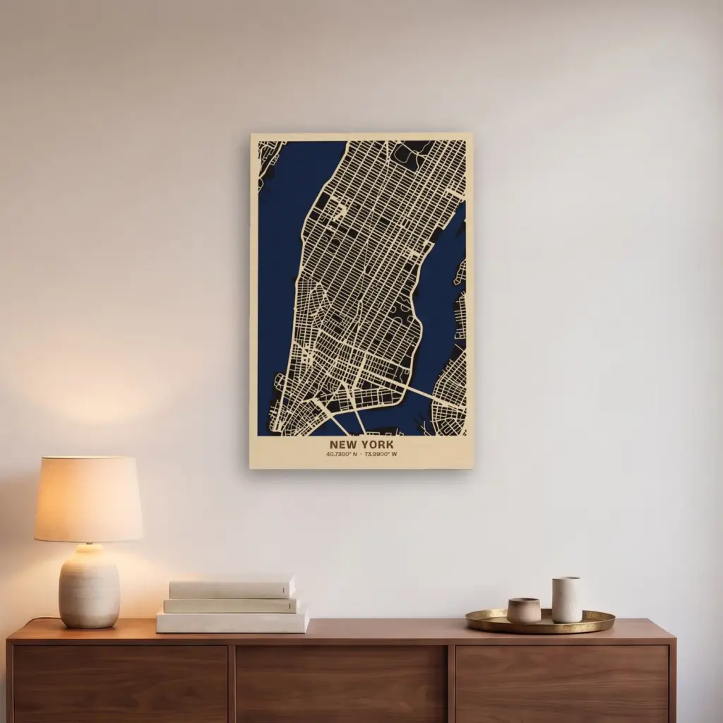 New York layered wood map, 12 x 18 in, on a living room wall above a walnut sideboard