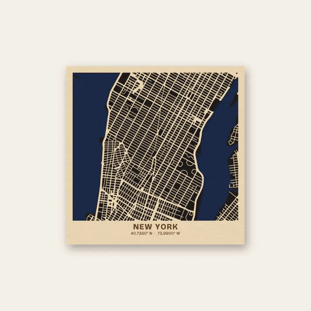 Layered wood map of New York, 12 x 12 in, birch streets over black land and navy water