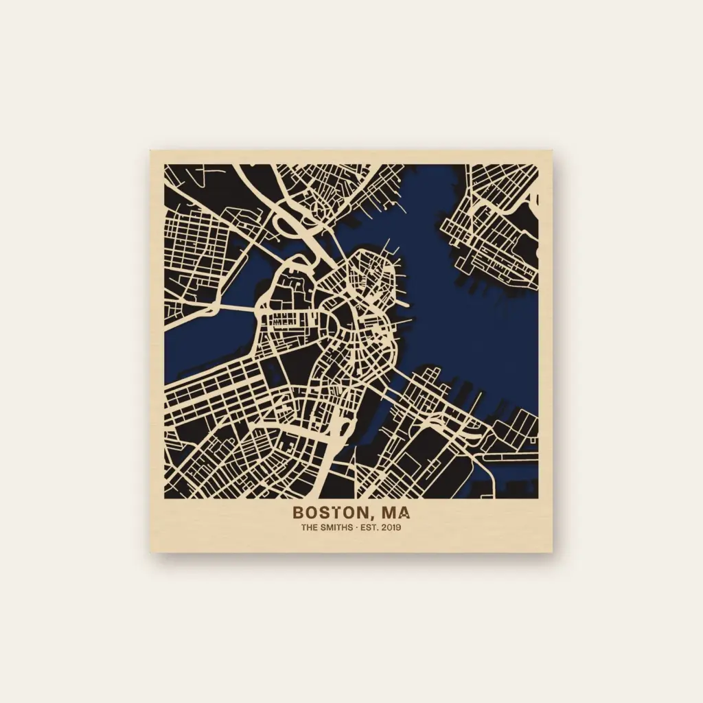 Custom layered wood map of Boston, 12 x 12 in, engraved Boston, MA, The Smiths est. 2019