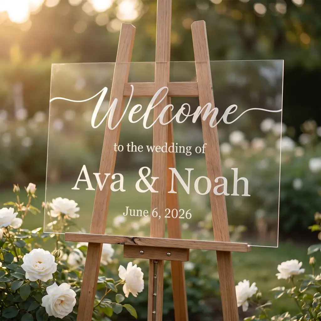 Clear acrylic wedding welcome sign engraved Ava and Noah